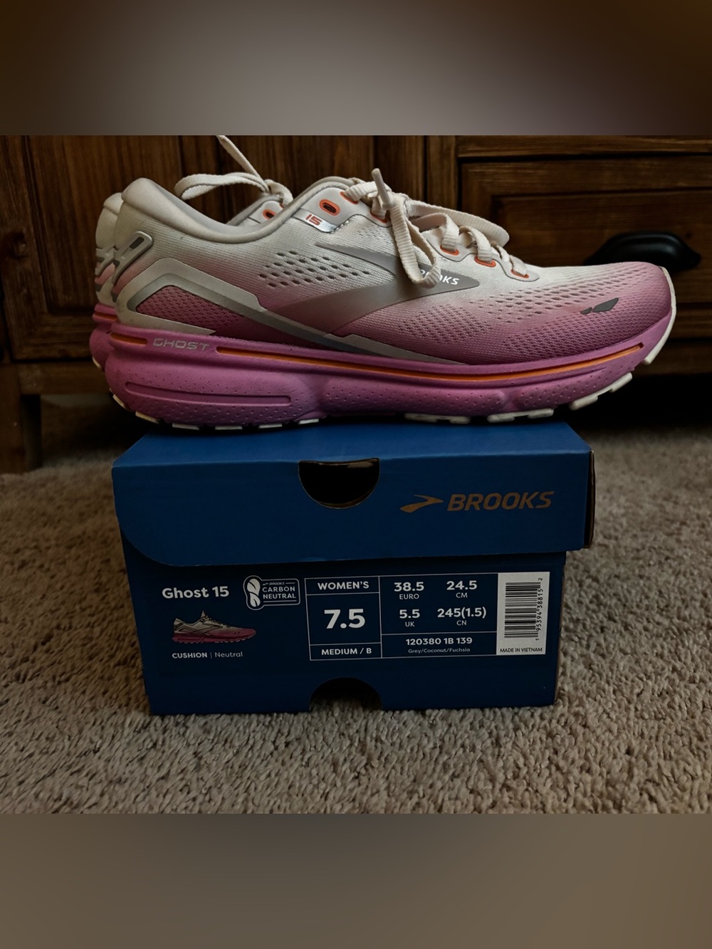 Brooks Women's Ghost 15 Sneakers - Grey/Coconut/Fuschia